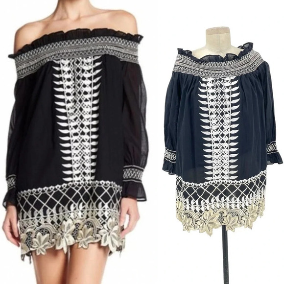 Red Carter Monroe Black Embroidered‎ Off-the-Shoulder Dress Size Small - Picture 1 of 9